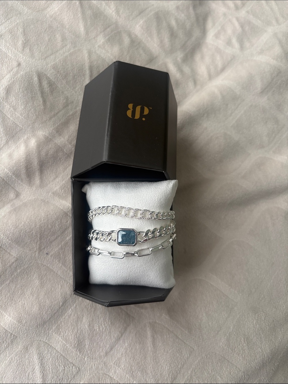 Silver Multi-Chain Bracelet Set with Blue Stone Accent - Picture 2 of 2
